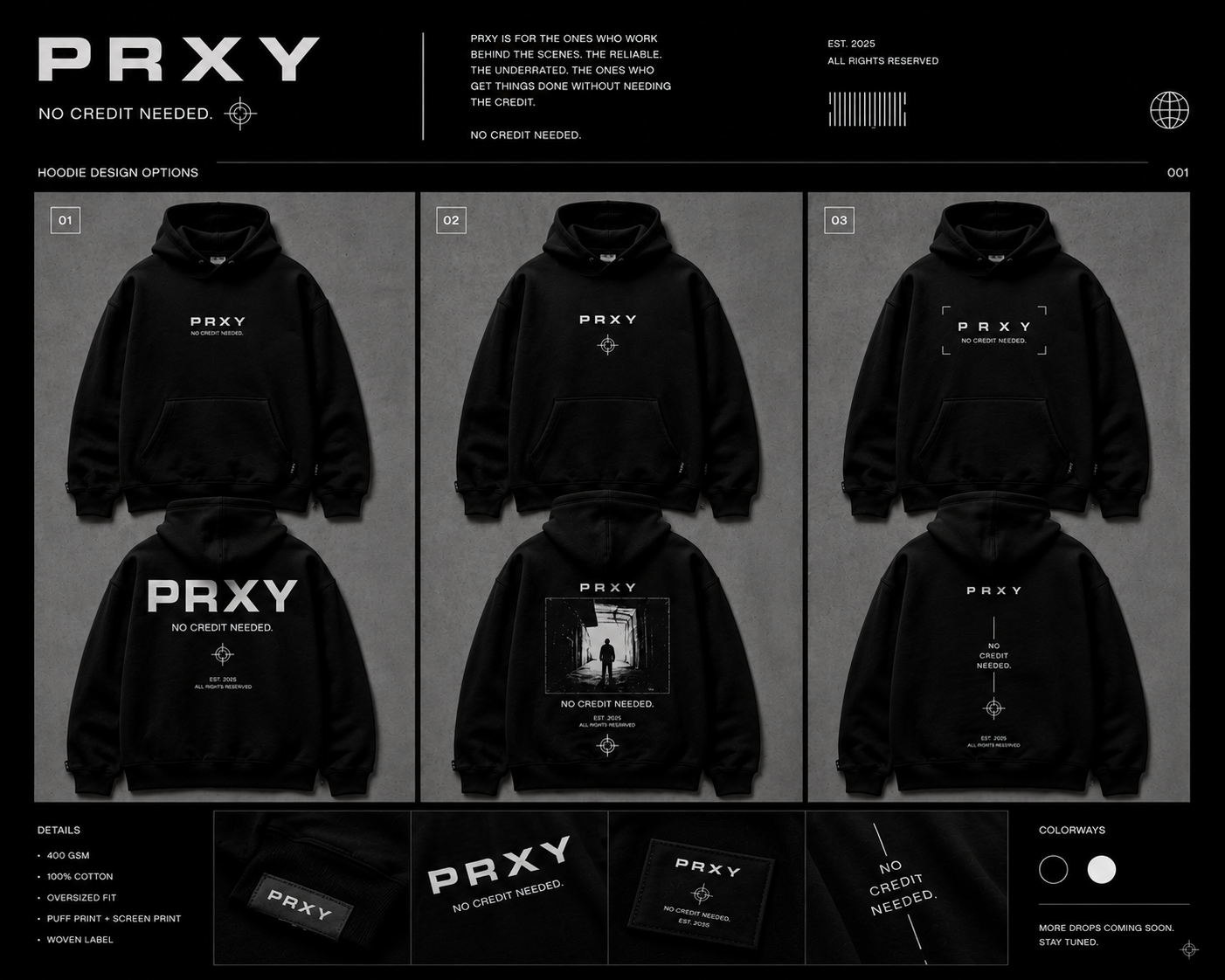 PRXY hoodie design board showing three concepts and garment details